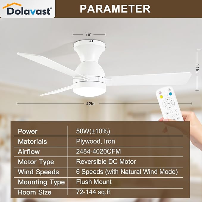 Ceiling Fans with Lights and Remote, 42 Inch Ceiling Fan with Light, Low Profile, Reversible, Dimmable LED, Flush Mount, Quiet, DC Motor, White Ceiling Fan for Bedroom, Kitchen, Dining Room