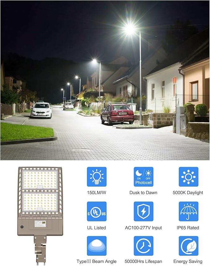 KUKUPPO 320W LED Parking Lot Light 48000LM Dusk to Dawn, DLC UL Listed Industrial Grade LED Shoebox Parking Pole Light 5000K IP65 Outdoor Commercial Area Lighting Arm Mount 100-277VAC
