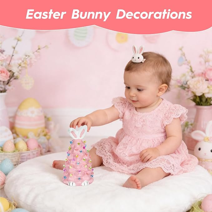 Cute Ceramic Easter Tree Bunny Decor, Light up Easter Bunny Decor Spring Decorations for Indoor Bedroom Office Decor Tabletop for Kid Gifts (Pink)