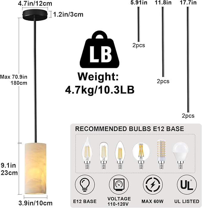 Alabaster Pendant Light Kitchen Island, H-9.5in Black Pendant Light Fixtures with Natural Marble Shade, Adjustable Ceiling Pendant for Dining Room, Living Room, Bedroom & Bathroom