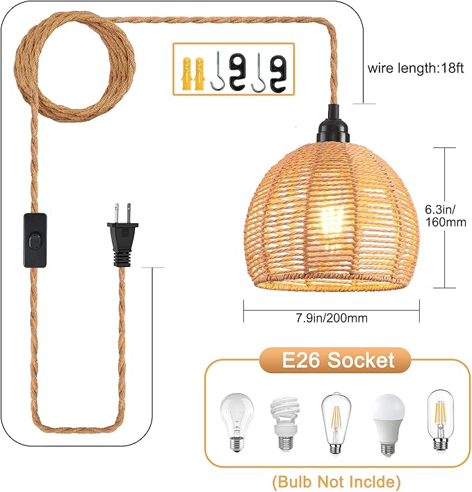 Plug in Pendant Light, Industrial Hanging Light with Plug in Cord Hemp Rope On/Off Switch Farmhouse Pendant Lamp with Plug in Cord, Vintage Hanging Lamps for Dining Room