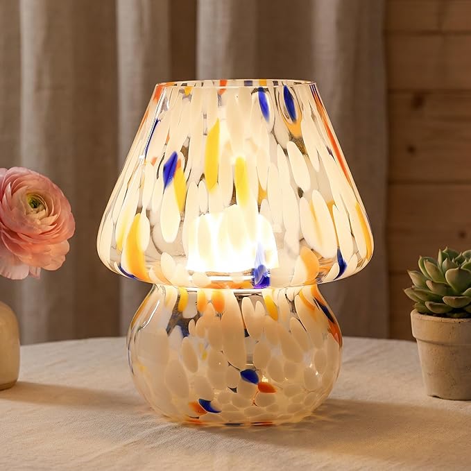 Cordless Mushroom Lamp-Modern Small Battery Operated Table Lamp with Timer for Home Decor,Aesthetic Glass Battery Powered Lamp for Bedroom/Kitchen/Living Room/Shelf Decor(White&Blue)