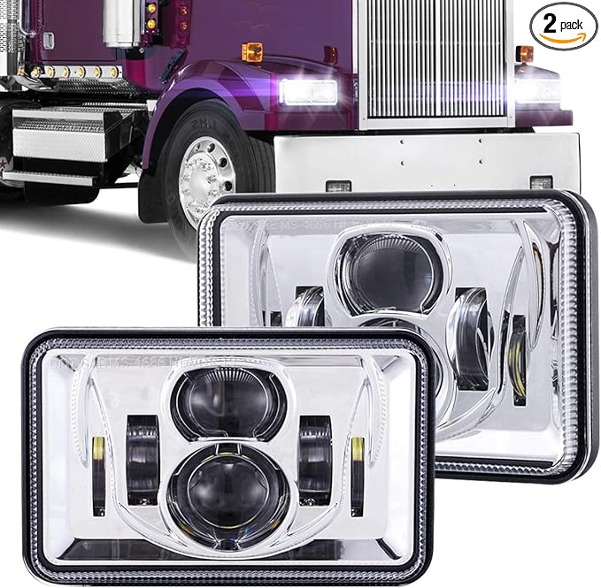 BICYACO 1 Pair 4x6 Inch LED Headlights 60W High Low Beam H4651 H4652 H4656 H4666 H6545 Projector Lens for Peterbilt Kenworth Freightinger Ford 1985-1997 S10 Probe Oldsmobile Cutlass- Chrome