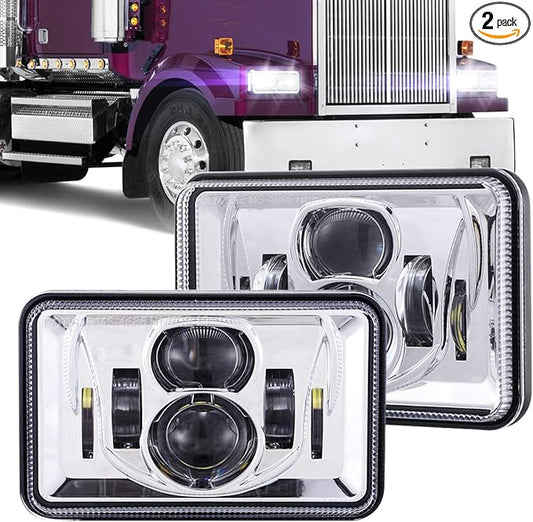 BICYACO 1 Pair 4x6 Inch LED Headlights 60W High Low Beam H4651 H4652 H4656 H4666 H6545 Projector Lens for Peterbilt Kenworth Freightinger Ford 1985-1997 S10 Probe Oldsmobile Cutlass- Chrome