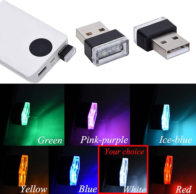 Febrytold 4Pcs White USB Car Interior Atmosphere Lamps, Universal Mini Led USB Lights for Car Decoration, Lighting