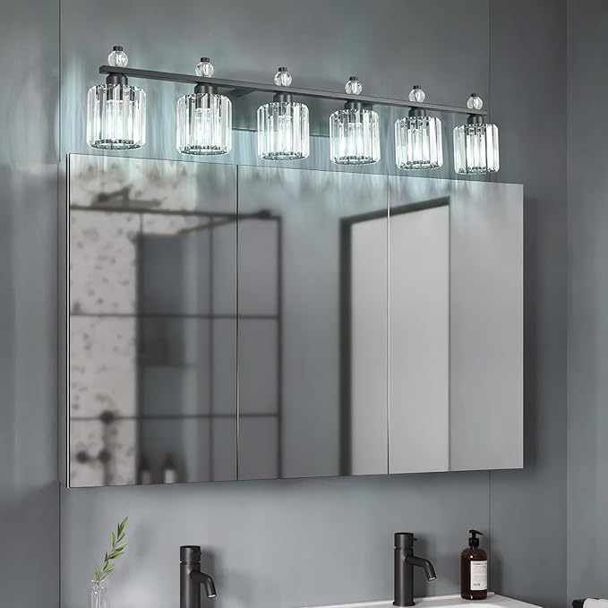 Bathroom Vanity Lights 6-Light Sand Black Modern Crystal Vanity Light Fixtures Over Mirror Crystal Bathroom Vanity Lighting Fixtures
