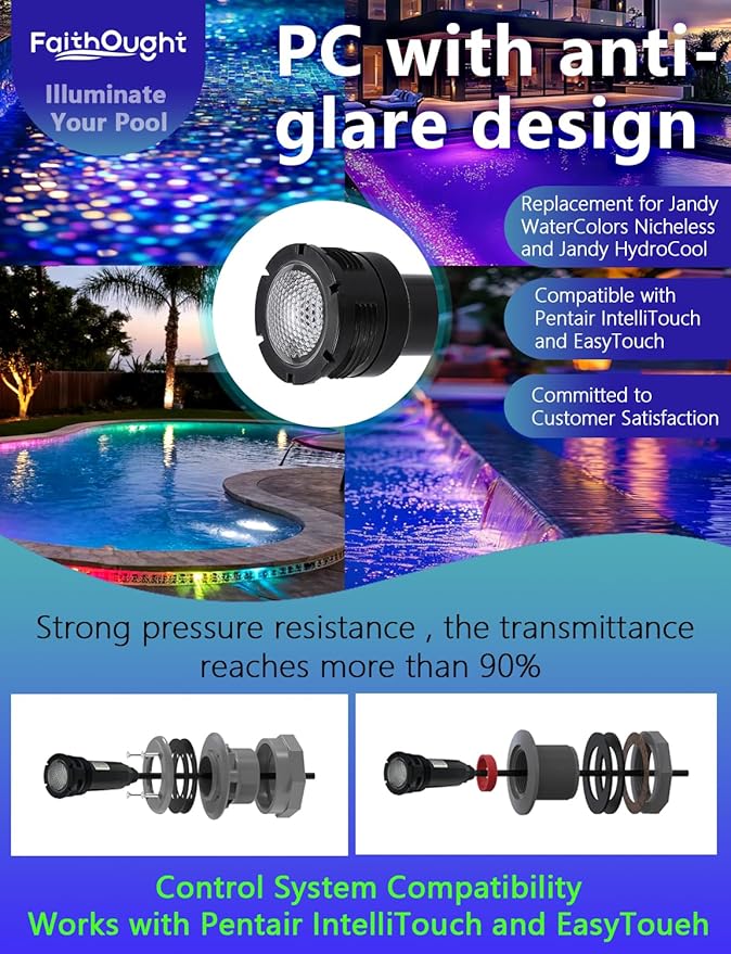 Replacement for Jandy HydroCool LED Pool Light RGBW 12W 12VAC 1.5 Inch Watercolors Nicheless, 100ft Cord 12Volt Pool Light for Inground Pools, Spa, Swim, Color Changing Energy Efficient