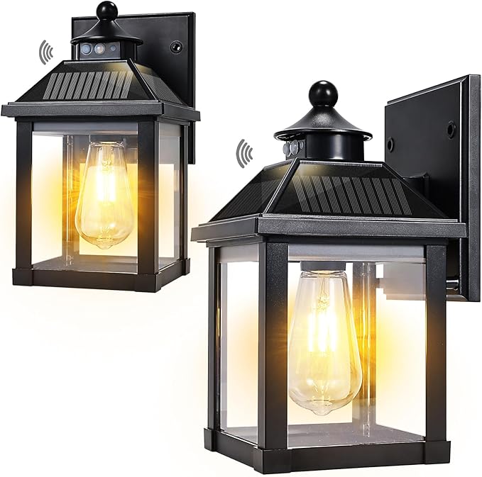 2 Pack Solar Wall Lights Outdoor, Dusk to Dawn LED Porch Lights Fixture, Motion Sensor Solar Sconce Waterproof with 3 Modes Wall Mounted for Garage Patio Front Door Backyard 6.7"x6.7"x11.7"