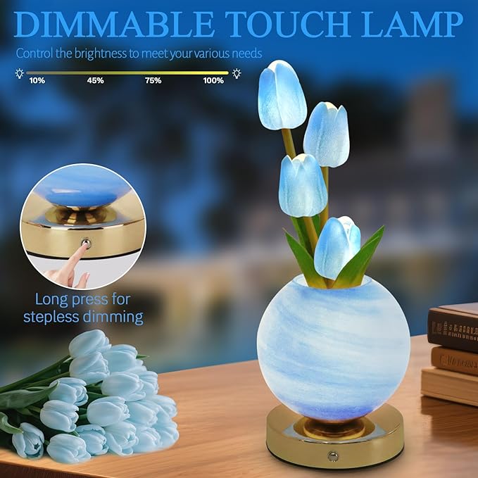 Tulip Table Lamp, Rechargeable Cordless Touch Dimming Artificial Tulip Flower Desk Lamp, LED Flower Bedside Night Light Romantic Gifts for Girl Women Mom (Blue)