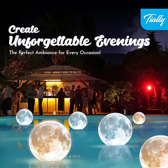 TIALLY Full Moon Floating Pool Lights Solar Powered - 14" Inflatable Light Up Pool Balls for Swimming Pool, Solar Pool Lights That Float, Best Gifts for Pool Owners (2 Pack)