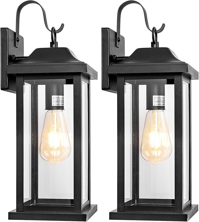 2-Pack 17 Inch Large Outdoor Light Fixtures, Exterior Matte Black Wall Sconces IP65 Waterproof Anti-Rust, Porch Lights with Clear Glass Outside Modern Wall Lanterns E26 Bulb Base