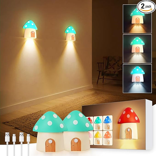 Motion Sensor Night Light, Rechargeable Stair Lights Indoor,3 Lighting Modes, Cute Mushroom Design for Kid's Bedroom, Kitchen, Bathroom, Hallway, Stairs, Home Decor & Gift, Green, 2 Pack