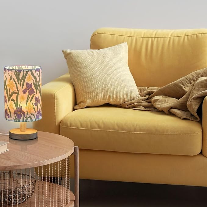 Purple Irises Yellow Daffodils Retro Floral Bedside Table Lamps with USB Port for Bedroom Lamp Small Nightstand Lamp Sturdy Linen Shade Wooden Decorative Lamps for Nursery Kids Reading Dorm Home