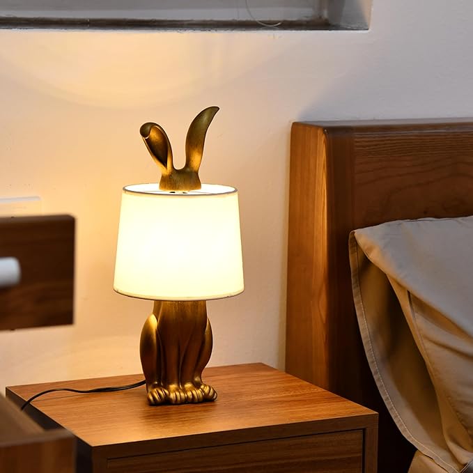 Bunny Table Lamp, Cute Animal Rabbit Lamp,Bunny Lamps,15.7" Vintage LED Desk Light with Linen Lampshade,Gold Main Part Beside Lamp for Bedroom, Study Room, Office, Nursery, Home Decor (Linen White)