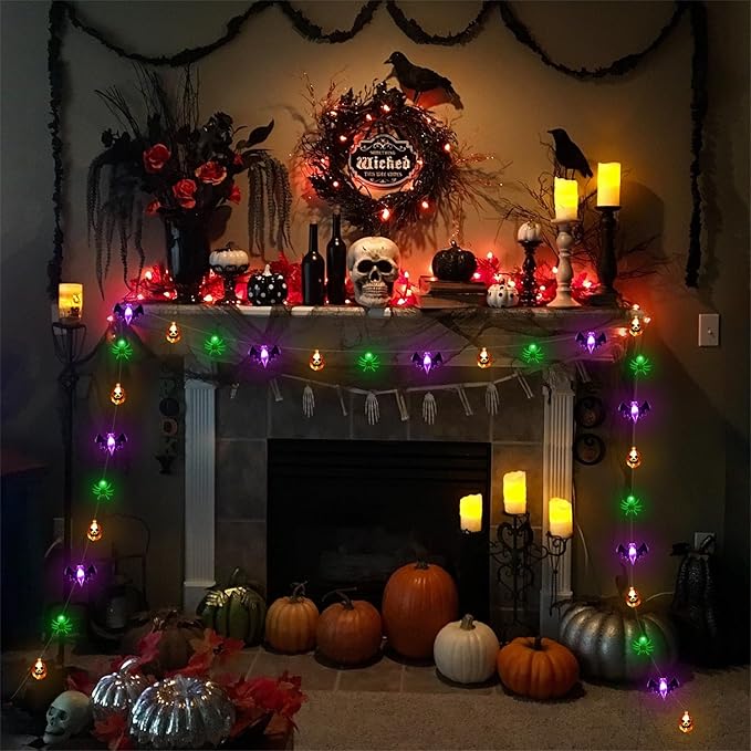 Halloween Lights, 16 FT 30 LED Waterproof 3D Pumpkin Bat Spider Battery Operated String Lights with Timer, 8 Lighting Modes Fairy Lights for Window Indoor Outdoor Decor Halloween Party Decorations