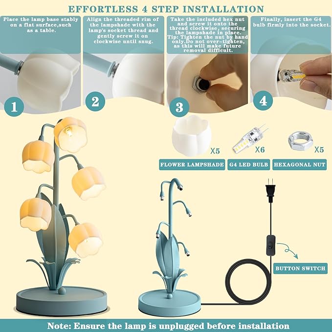 Flower Table Lamp, Lily of The Valley Lamp for Bedside Accent 3 Color Modes Cottagecore Soft Reading Night Light for Bedroom, Corner, Dorm, Entrance Home Vintage Decor (Powder Blue)