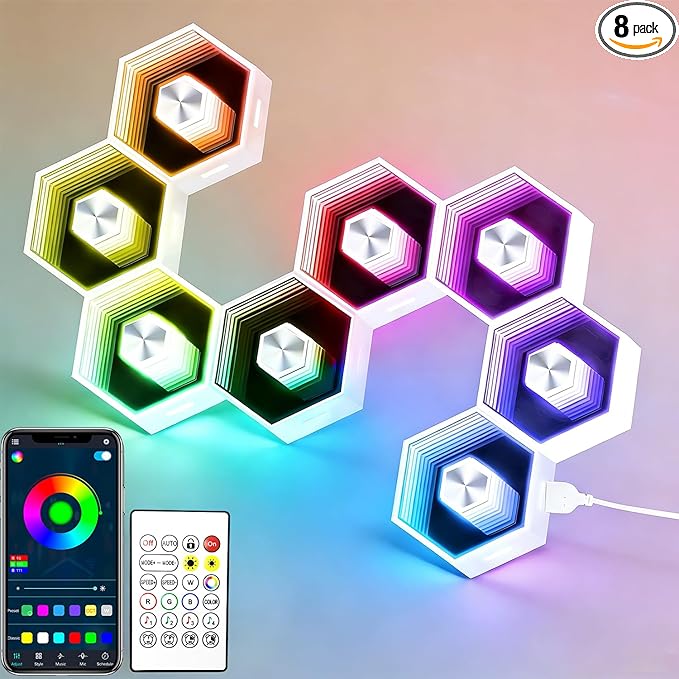 Hexagon LED Lights - 8 Pack Smart APP RGB Gaming LED Light with Remote Control & Music Sync Honeycomb Shape Hexagon Wall Lights for Bedroom, Living Room Wall, Gaming Decor
