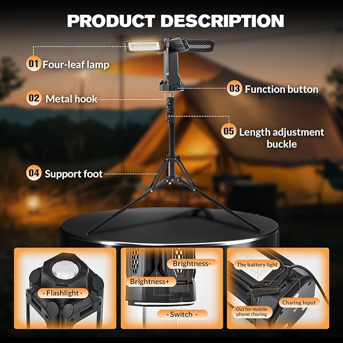 6500LM Camping Lantern & Flashlight | 20000mAh Power Bank, 40H Runtime, Magnetic Tripod | 3 Colors for Tent, Outdoor & Emergency Light