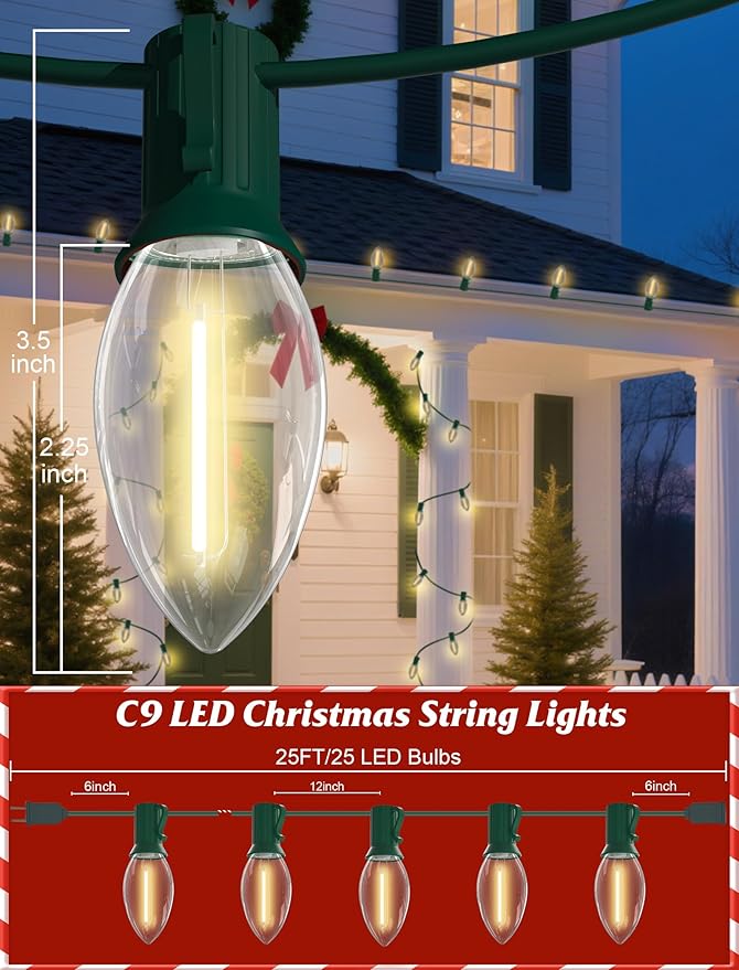C9 LED Christmas Lights Outdoor, Christmas Outdoor Lights with 27 LED Warm White Bulbs(2 Spare) for Xmas Holidays Roofline Patio Garden Party Wedding Decor