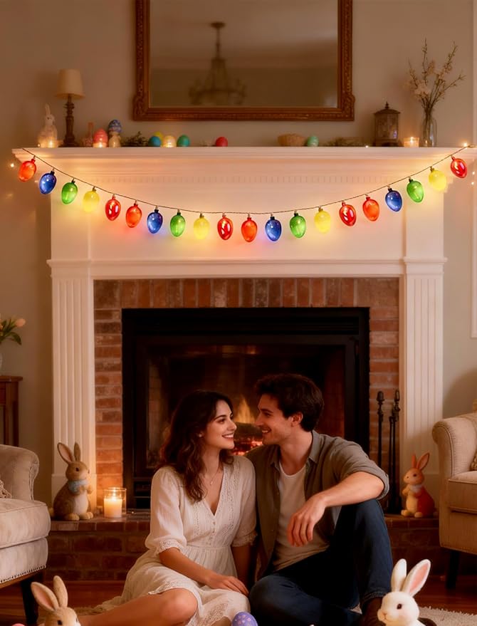 UL 12FT Connectable Easter Lights, 20 LED Electroplated Vintage Eggs,Outdoor Waterproof String Lights, Warm White Multicolor, Patio Garden Window Decor