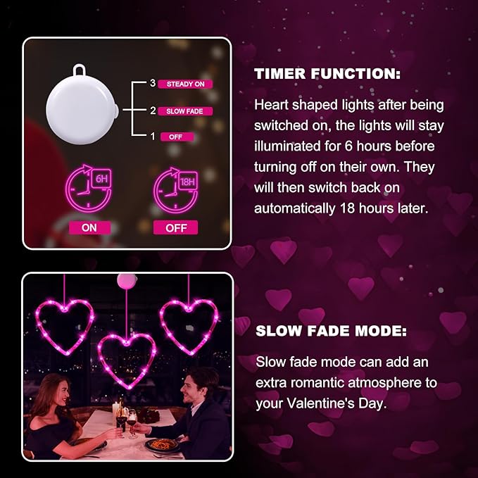 3 Pack Valentines Day Window Lights Decorations with Timer, Battery Powered Hanging Pink Lighted Heart Shaped Sucker LED Lamp for Fireplace Indoor Home Decor