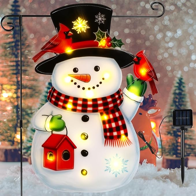 VIHOSE Lighted Christmas Garden Flag, 12 x 18 Inch 8 Modes Double Sided Solar Christmas Decorations, LED Snowman Garden Flag, Outdoor Yard Decor for Xmas Winter Patio Porch Lawn