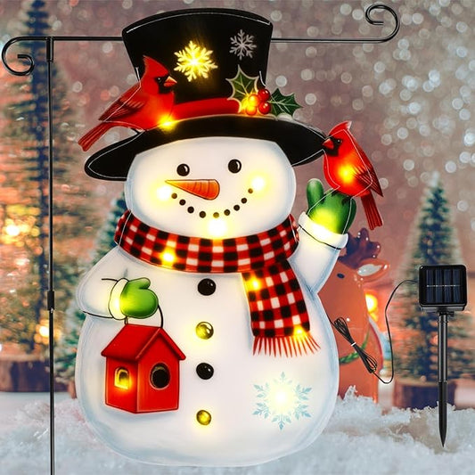 VIHOSE Lighted Christmas Garden Flag, 12 x 18 Inch 8 Modes Double Sided Solar Christmas Decorations, LED Snowman Garden Flag, Outdoor Yard Decor for Xmas Winter Patio Porch Lawn
