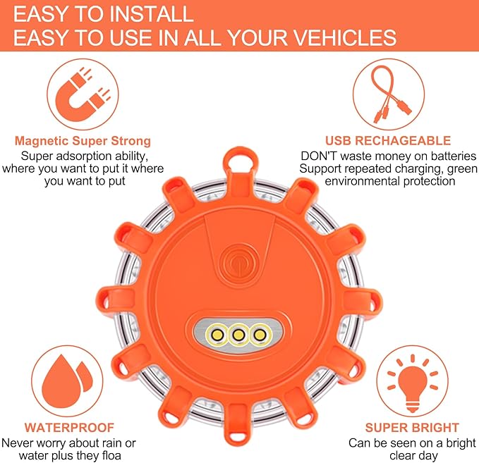 USB C Rechargeable LED Road Flares Emergency Lights with Magnetic Base, 9 Strobe Options Roadside Emergency Warning Car Safety Beacon Flashing Disc Flare Kit for Vehicles & Boat, 6 Pack