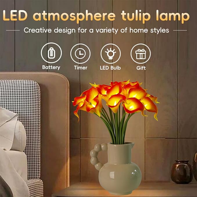 LED Lighted Artificial Flowers Calla Lily Bouquet Lamp 20 stems Real Touch Calla Faux Flower Lights for Valentine's Day Gift and Easter Home Kitchen Wedding Dining Table Decor(Orange, No Vase)