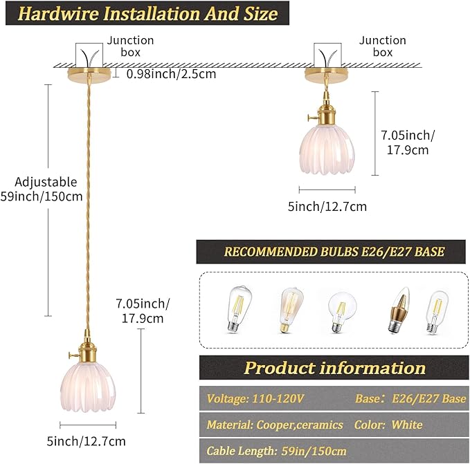 Mini Pendant Light 2 Pack with White Tulip Glass Lmapshade, Brass Vintage Pendant Light Adjustable Hanging Light for Kitchen Island Dining Room Hallway