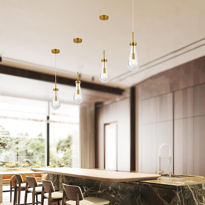 Raindrop Pendant Lights for Kitchen Island Dining Room, Handblown Teardrop Glass Kitchen Light Fixtures Luxury 1-Light Brushed Brass Pendant Lights Hanging Lamps for Bedroom Dining Table, Hallway