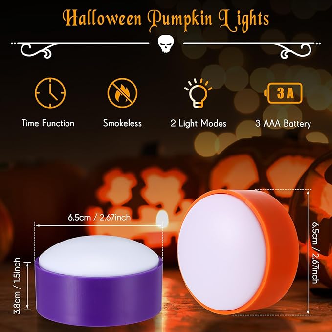 Riakrum 6 Pieces Remote Timer LED Lights with Remote LED Pumpkin Lights Battery Operated Lantern Bright Flameless Candle(Orange, Purple)