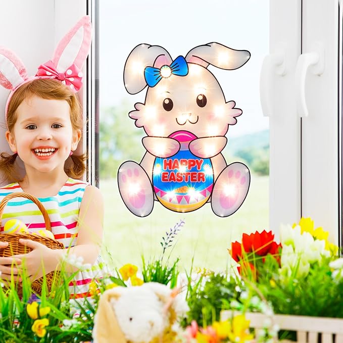 LAMPHOME 17" Lighted Easter Egg Window Silhouette，Bunny with Egg Easter Lighted Window Decoration