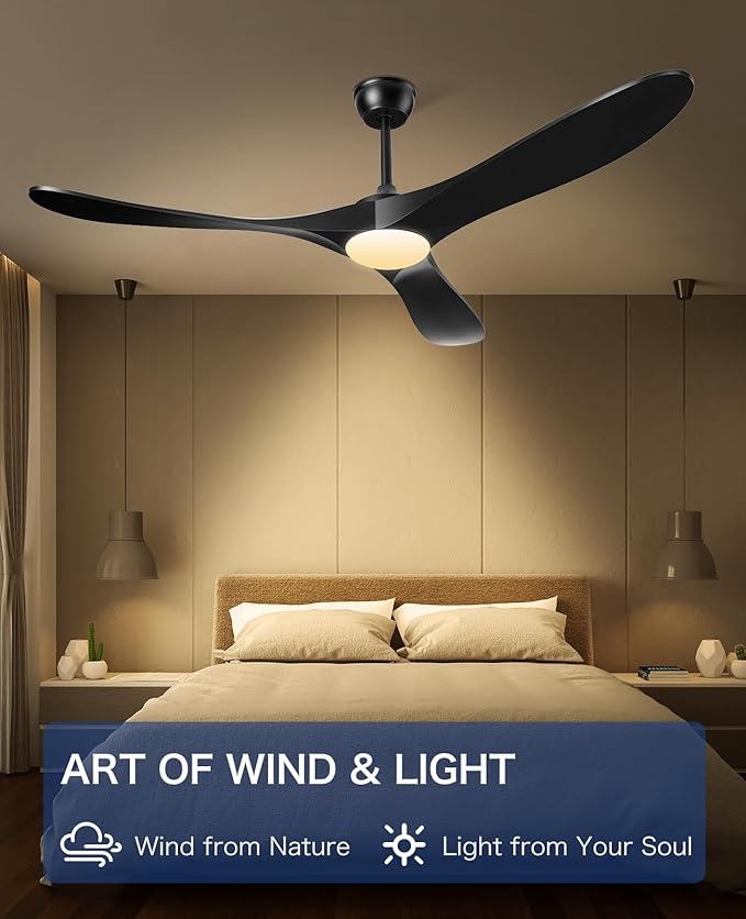 Ceiling Fans with Lights and Remote, 3 Solid Wood Blades, Outdoor Wooden Ceiling Fan with 2 Downrods for Patios, 52 Inch Modern Ceiling Fan with Noiseless Reversible DC Motor (Black)