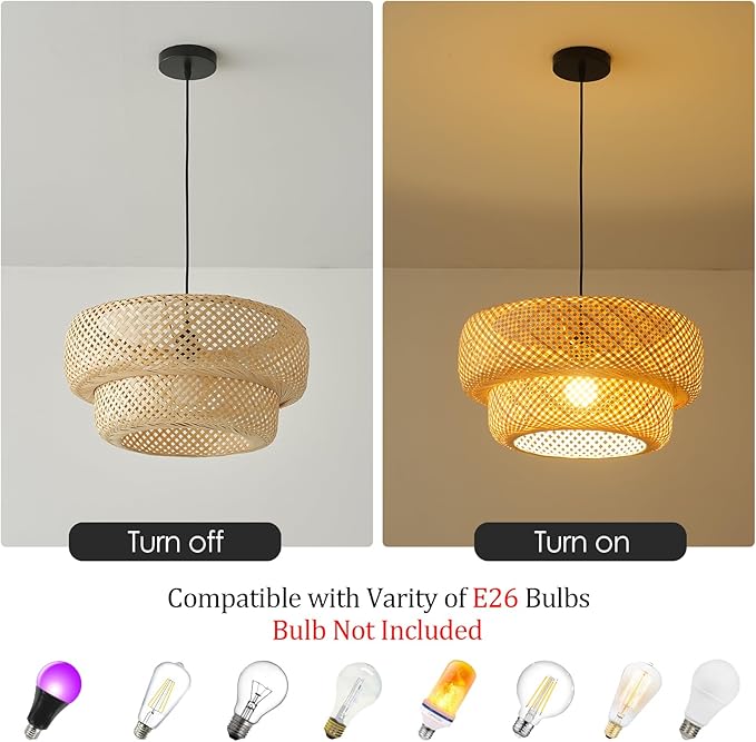Bamboo Pendant Light,Boho Rattan Hanging Light,13.8" Hand Woven Wicker Chandelier for Kitchen Island for Kitchen Island Dining Bedroom Living Room Restaurants