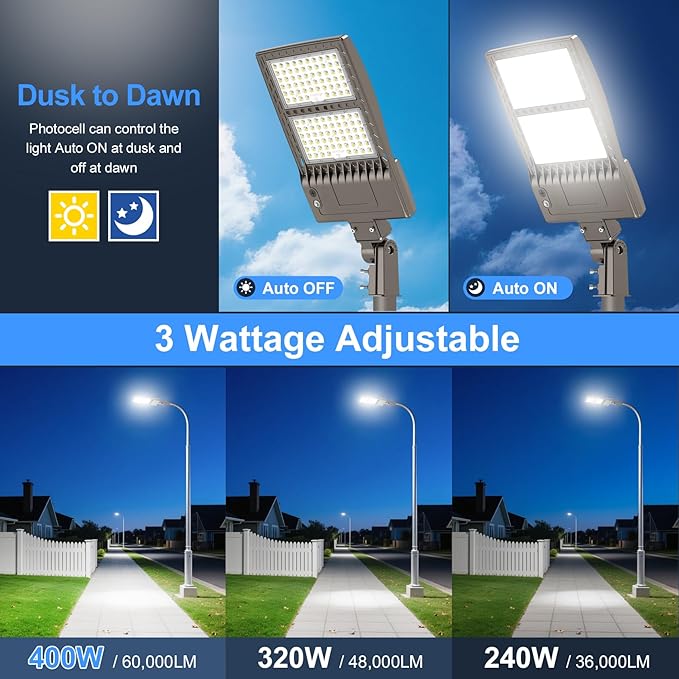 KUKUPPO 2Pack 400W LED Parking Lot Light 60000LM, DLC ETL Listed LED Shoebox Parking Pole Light Power Adjustable 5000K IP65 Waterproof Outdoor Commercial Area Lighting with Slip Fitter 100-277VAC
