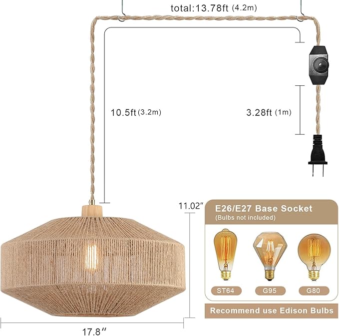 Coastal Large Woven Plug in Pendant Light with 14ft Handmade Woven Light Cord, Dimmable Switch, Natural Hemp Rope Hanging Lamp for Kitchen Island Farmhouse Dining Room Living Room,17.8 inch Width
