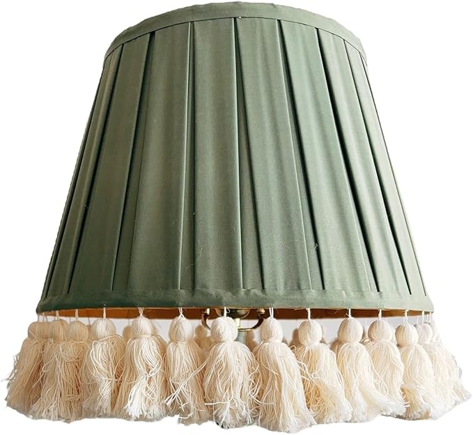 Tristan Home Round Pleated Lamp Shade with Tassels 9x14x12 inches (Height 12inch Includes Tassels) Olive Green)