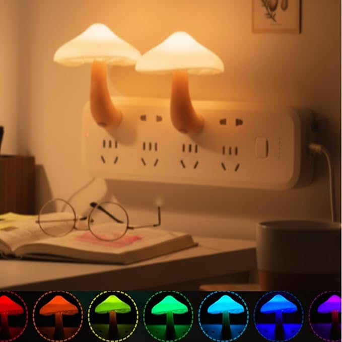 Mudder 2 Pack Mushroom Night Light Plug in Wall Lamp Sensor LED Mushroom Nightlight Cute Mini for Adult Kid Nursery Decor Gift(7 Color Changing)