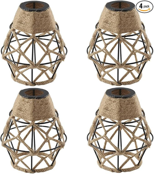 Metal Cage Handcrafted Woven Lampshade in Natural Neutral Jute Rope Industrial Style Lighting with Elegant Patterns for Wall Sconces Ceiling/Pendant Lights Table/Floor Lamps Home Decor - 4 Packs