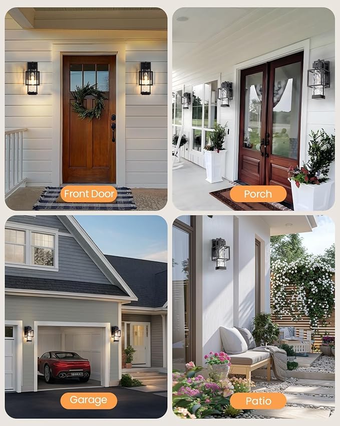 Outdoor Motion Sensor Lights 2 Pack, Dusk to Dawn Outdoor Lighting Exterior Lighting Fixtures with Water Glass, Waterproof Sconce Wall Mount for House Porch Patio Garage, Bulb Included