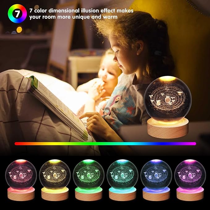 3D Solar System Crystal Ball Lamp,3.15inch Multi-Color Changing Bedroom Decor Night Lights,Christmas Birthday Gifts for Boys, Girls