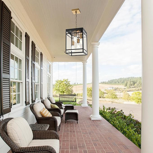 4-Light Outdoor Pendant Lights for Porch, Black & Brushed Brass Outdoor Chandelier 15.7'' Exterior Hanging Porch Light Fixtures w/Clear Glass, Waterproof Outside Pendant Lantern for Garage