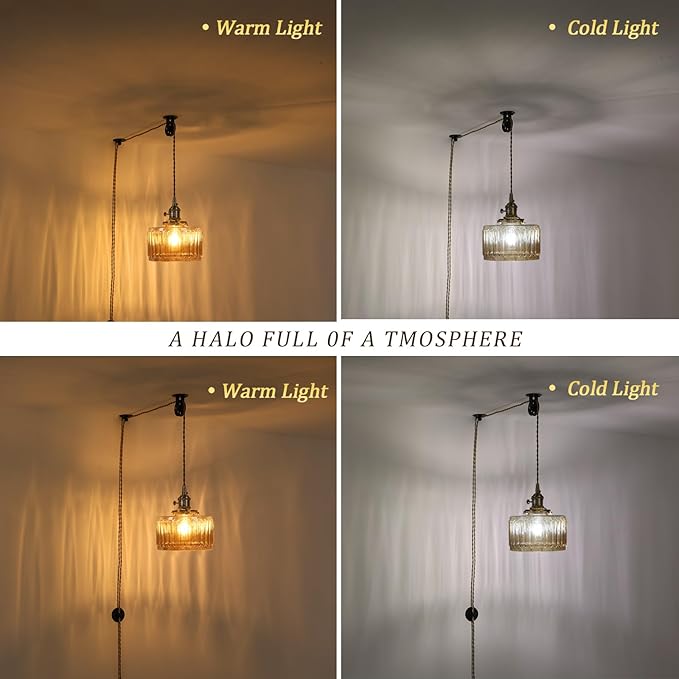 Plug in Pendant Light Hanging Light Fixture Corded On/Off Switch Brass Pendant Light with Amber Striped Glass Lampshade for Bedroom Living Room Kitchen Island