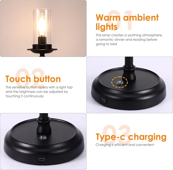 Houkiper LED Candle Table Lamp, 12.6inch Tall Vintage Desk Light with Clear Shade, 3000k Warm Light, Dimmable Night Light for Living Room, Bedroom, Office (Adapter Not Included)