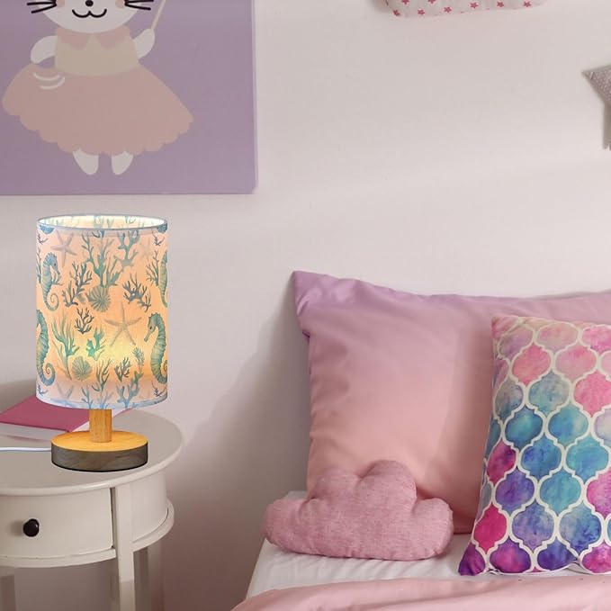 Nautical Seahorses Starfish Coral Blue Bedside Table Lamps with USB Port for Bedroom LampSmall Nightstand Lamp Sturdy Linen Shade Wooden Base Decorative Lamps for Nursery Kids Reading Dorm Home
