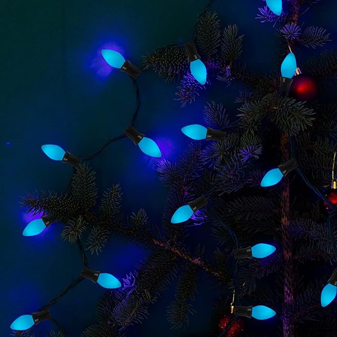 25 Pack Blue Light Bulbs,C7 Blue Replacement Spare Incandescent Patriotic Light Bulbs,5w Vintage Glass Ceramic Blue Light Bulbs C7/E12 Base for Memorial Day 4th of July Decorations