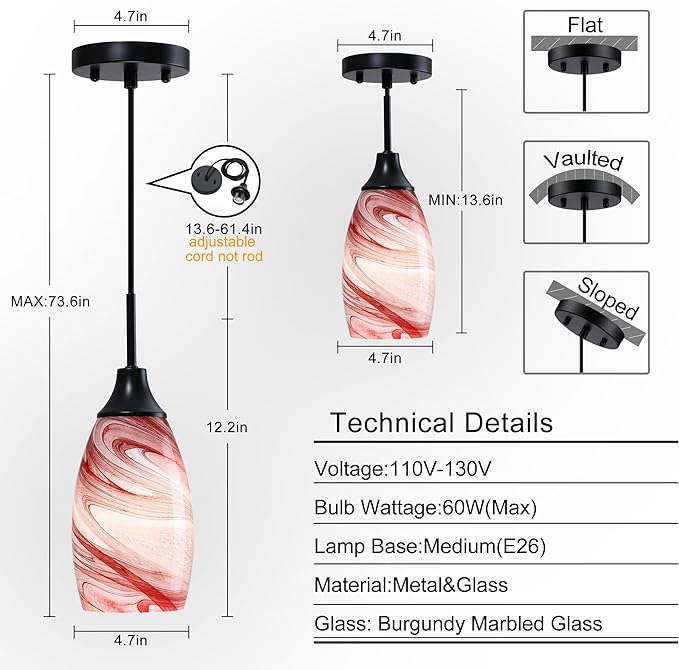 3-Pack Mini Glass Pendant Light with Handblown Burgundy Marble Art Glass Hanging Light 4.72" Oval Ceiling Hanging Light Fixture for Dining Room Kitchen Island Cafe Foyer Hallway