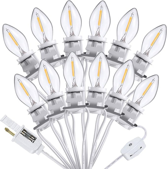 Meonum Accessory Cord with 12 LED Bulb, C7 Christmas Village Light Cord with Two Spare Fuse, Blow Mold String Lights with Switch, Xmas Decoration for Xmas Village Houses Salt Lamp
