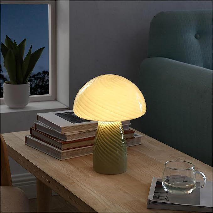 Urban Lifestyle 12" Green Striped Glass Mushroom Lamp, Modern Retro Table Lamp for Bedroom, Living Room, or Office Décor